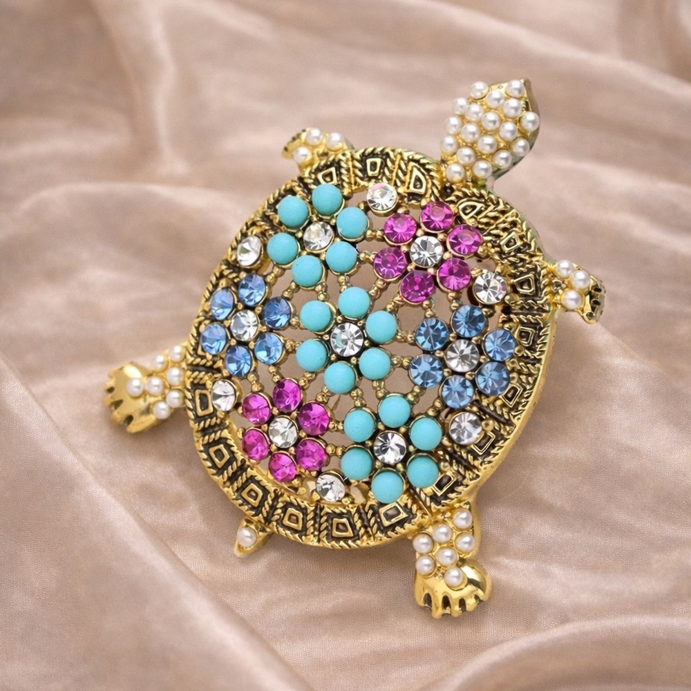 Whimsical Turtle Sparkling Multicolor Crystal Statement Brooch